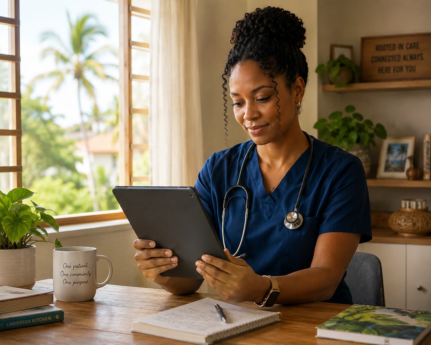 A clinician messaging a patient between appointments, lit by soft daylight.